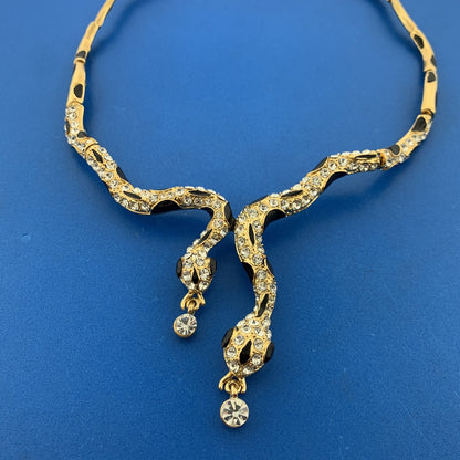 Gold Tone Black Enamel Rhinestone Runway Double Snake Necklace Earrings Set