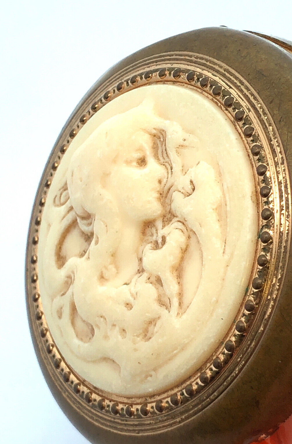 Vintage Estee Lauder Gold Tone Guilloche Carved Cameo Mirror Compact