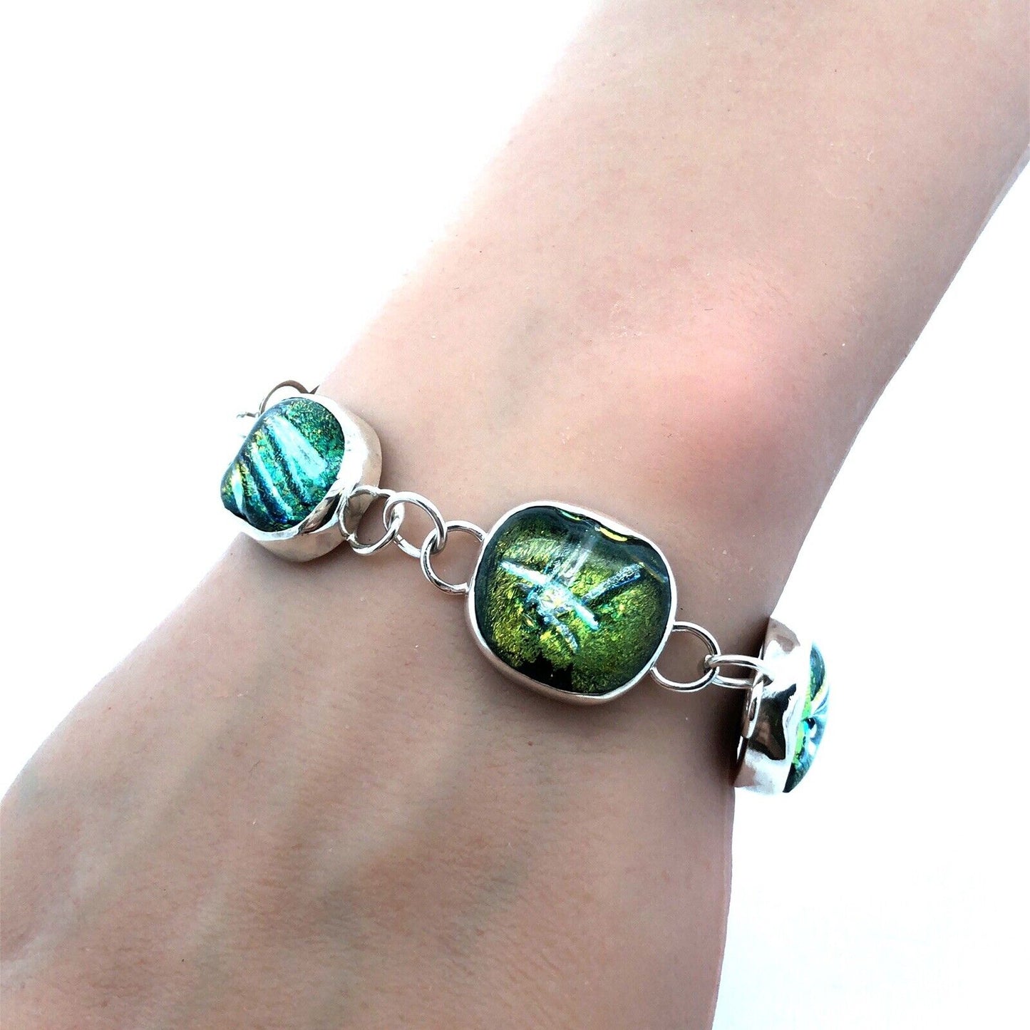 Artisan Sterling Silver Green Dichroic Glass Statement Toggle Bracelet