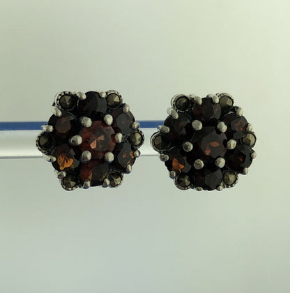 Sterling Silver 925 Garnet Solitaire Halo Flower Floral Cluster Stud Earrings