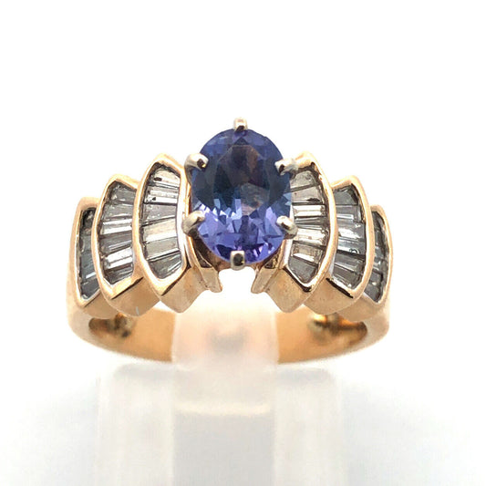 Designer 14K Yellow Gold Oval Tanzanite Diamond Baguette Accented Statement Ring
