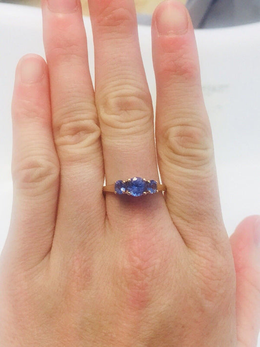 14K Yellow Gold Tanzanite Trio Bridal Anniversary Cocktail Ring