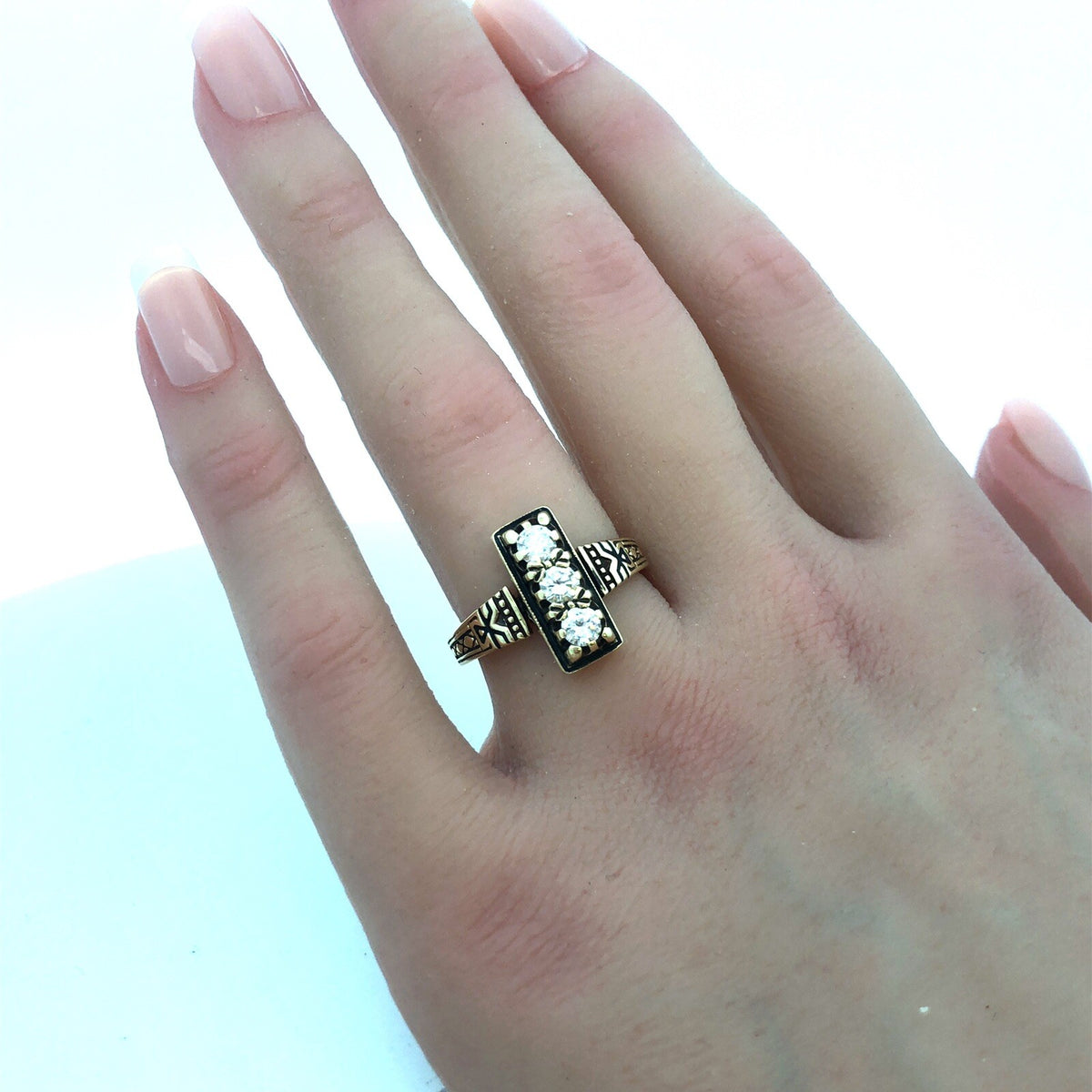 Custom Art Deco 14K Yellow Gold Diamond Trio Engagement Anniversary Ring