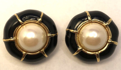 Designer Ciner Gold Tone Black Enamel Faux Pearl Round Statement Clip Earrings
