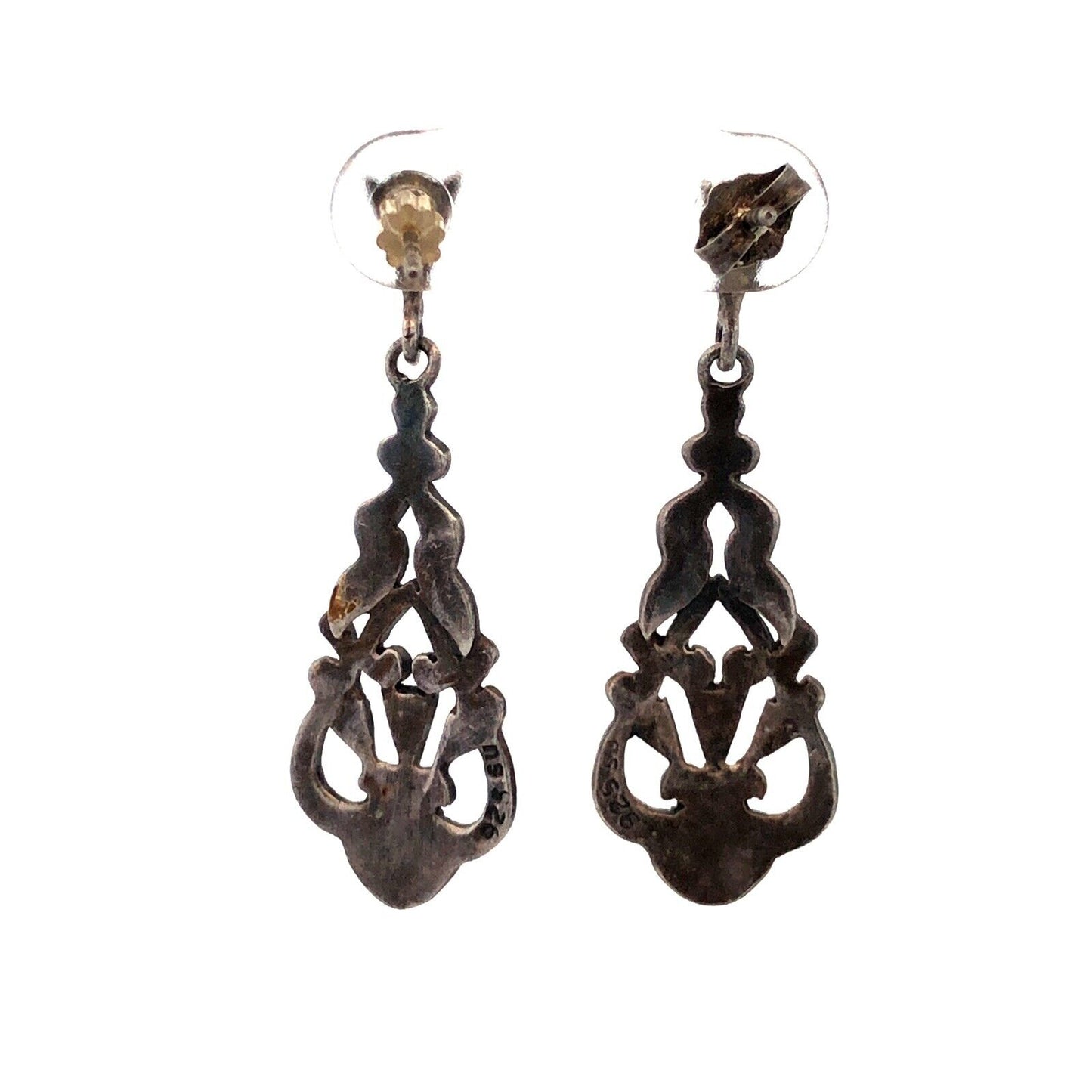 Designer SU 925 Sterling Silver Marcasite Art Deco Style Dangle Stud Earrings