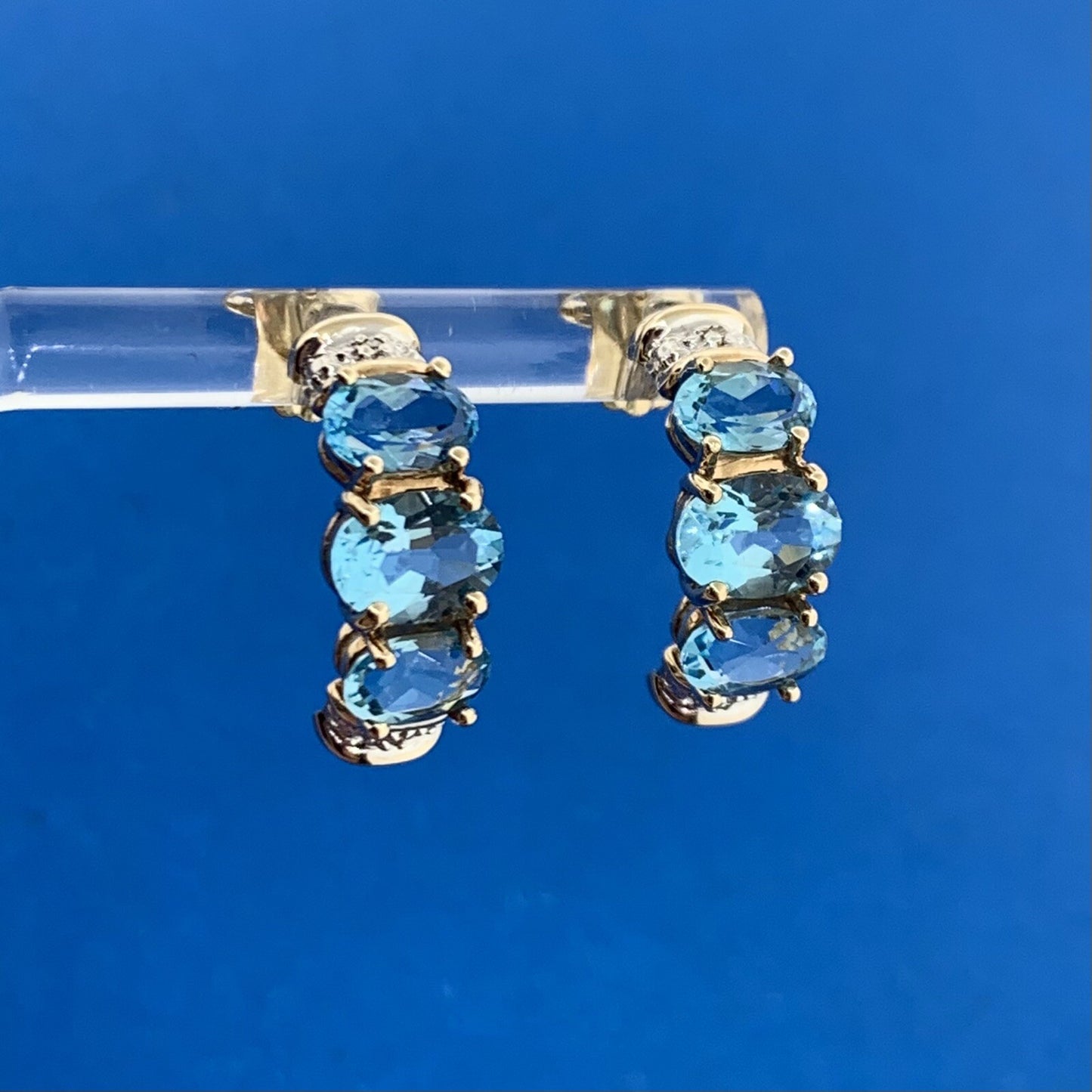Designer 10K Yellow Gold Oval Blue Topaz Diamond Accented Half Hoop Earrings