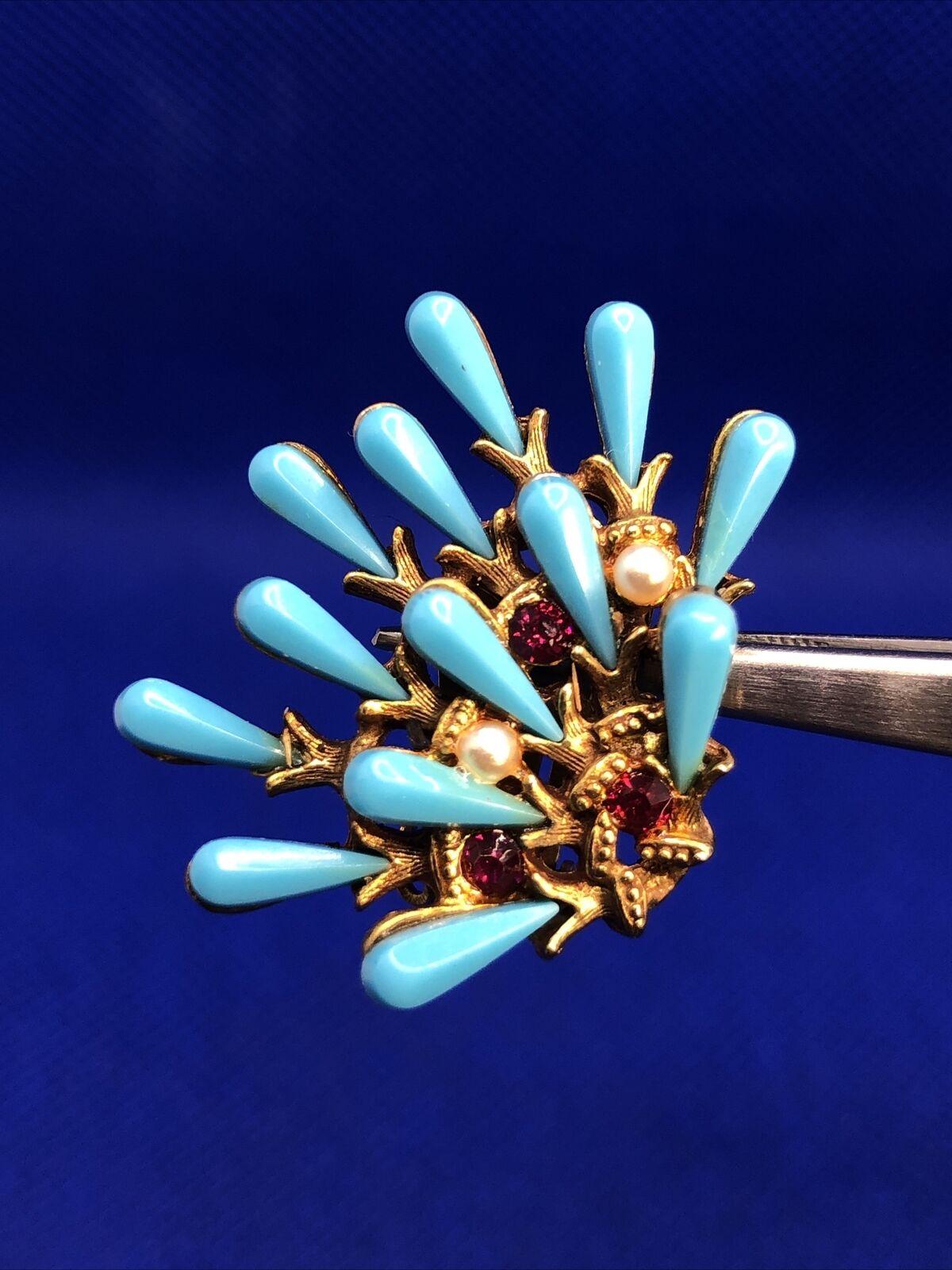 Mid Century HAR Gold-Toned Faux Turquoise Brooch Clip Earring Set