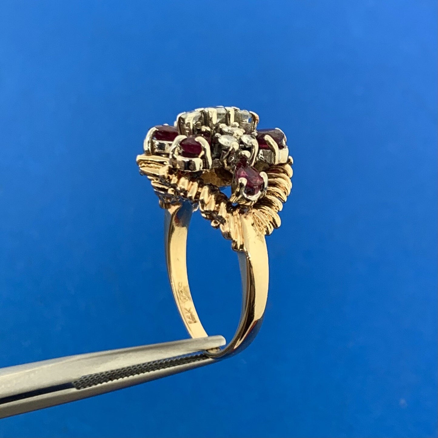 14K Yellow Gold Ruby Diamond Butterfly Cluster Statement Cocktail Ring