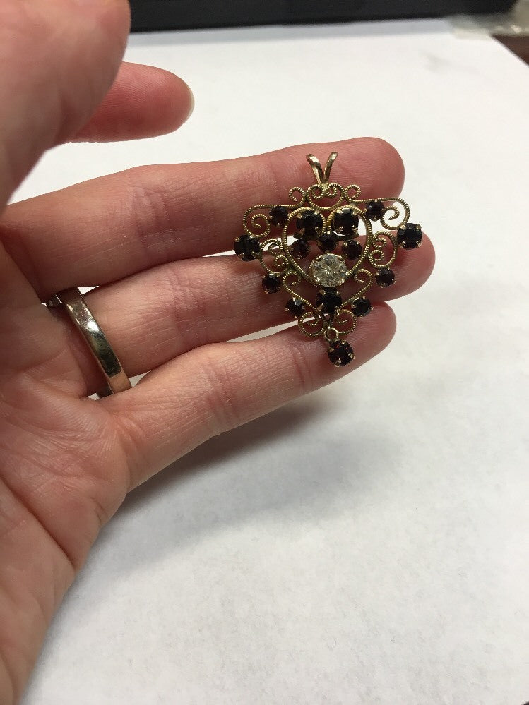 Vintage Designer Winard 12K Yellow Gold Filled Garnet Diamond Filigree Pendant