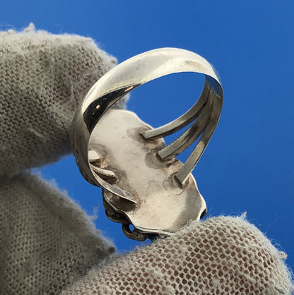 Native American Artisan Sterling Silver Coral Moonstone Elongated Feather Ring