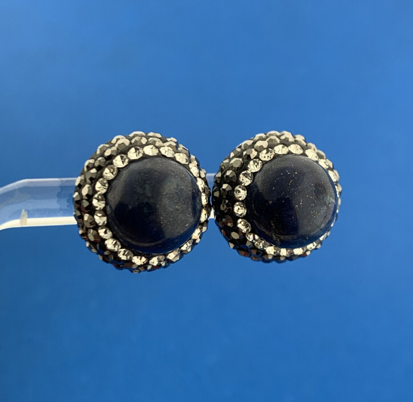 Retro Sterling Silver Lapis Lazuli Cubic Zirconia Marcasite Button Stud Earrings