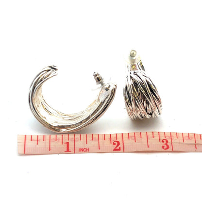 Estate Sterling Silver Textured Ribbed Modernist Drop Dangle Half Hoop Earrings