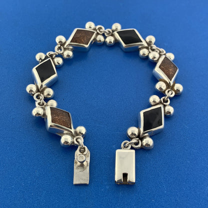 Vintage Taxco TH-40 925 Sterling Silver Black Onyx Goldstone Link Panel Bracelet