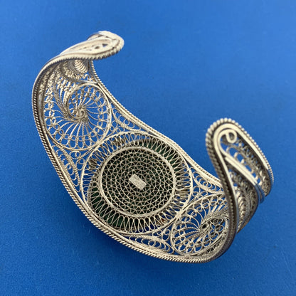 Stunning Israel Sterling Silver 925 Cabochon Green Maw Sit Sit 7" Cuff Bracelet
