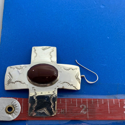 Navajo Ben J Chavez Sterling Silver Oval Carnelian Concho Cross Dangle Earrings