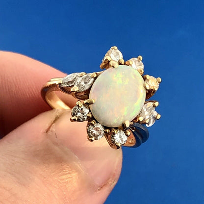 Vintage Estate NEI 14k Yellow Gold Opal Diamond Accented Ring Size 5.5