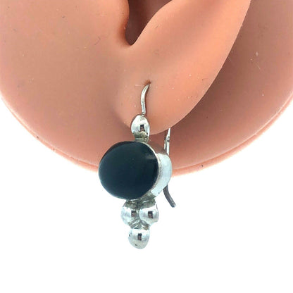 Vintage ATI Mexico 925 Sterling Silver Oval Black Onyx Hook Dangle Earrings