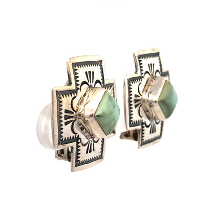 Native American 925 Sterling Silver Green Turquoise Concho Cross Clip On Earring