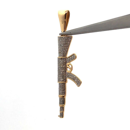 14K Yellow Gold Pave Diamond Rifle Machine Gun Firearm Statement Pendant
