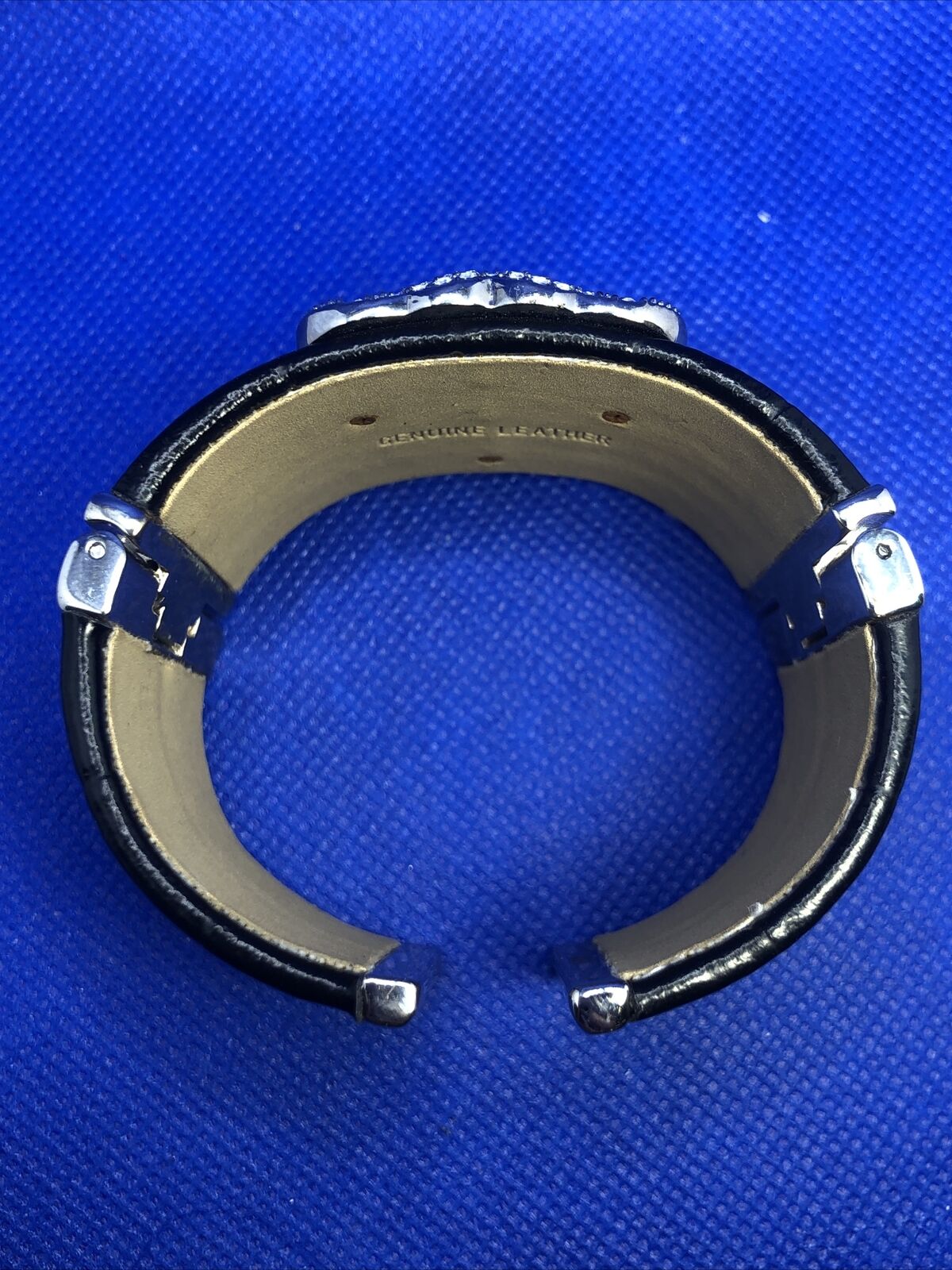 Genuine Black Leather CZ Black Enamel Tiger Head Statement Hinged Cuff Bracelet