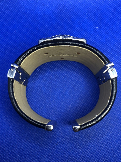 Genuine Black Leather CZ Black Enamel Tiger Head Statement Hinged Cuff Bracelet