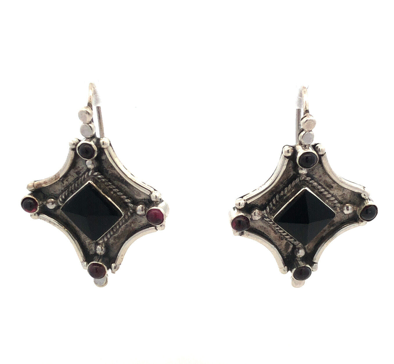 Vintage 925 Sterling Silver Black Onyx Amethyst Hook Statement Dangle Earrings