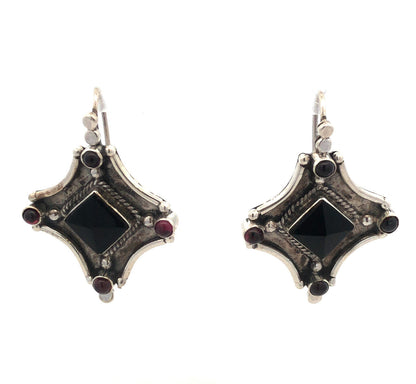 Vintage 925 Sterling Silver Black Onyx Amethyst Hook Statement Dangle Earrings