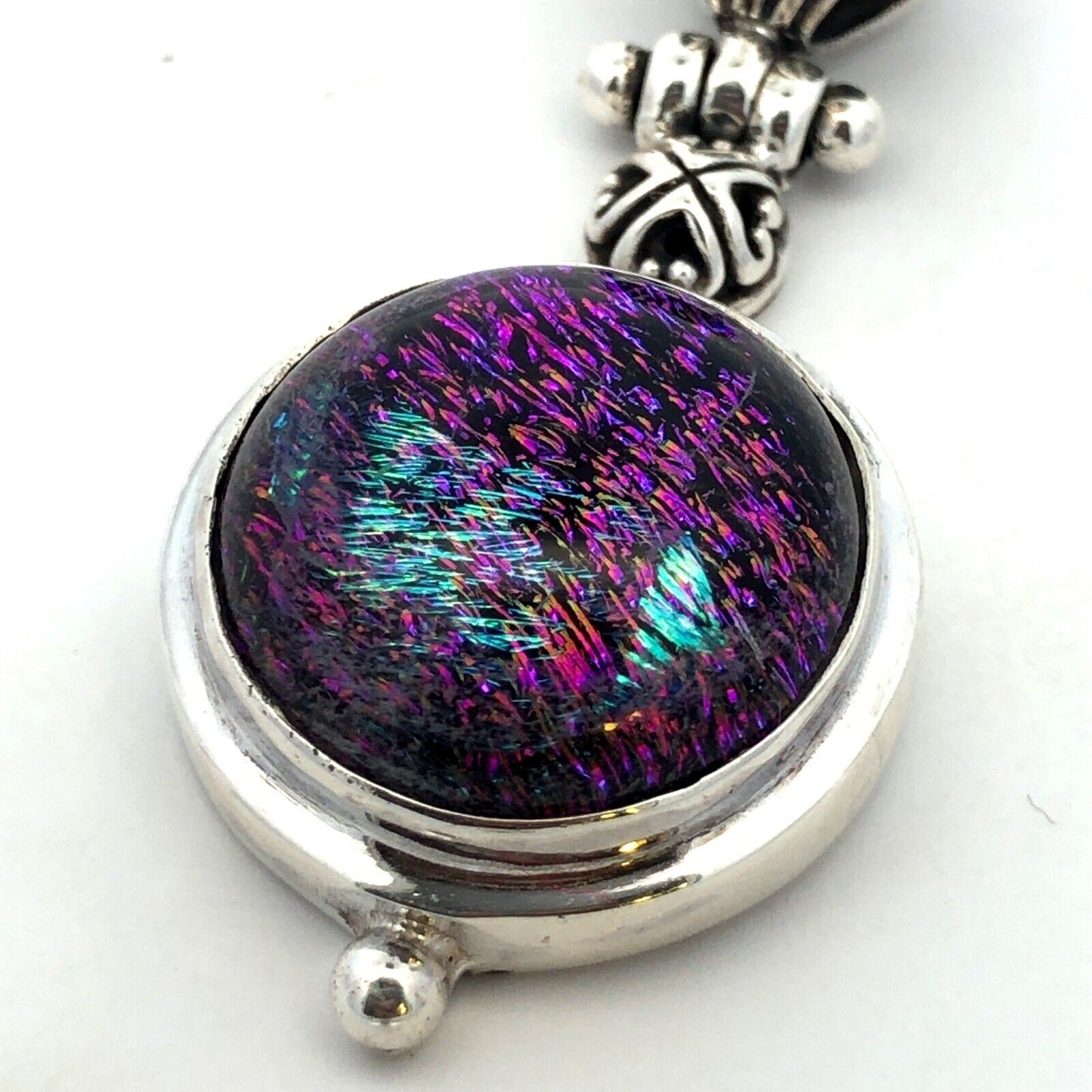 Vintage 925 Sterling Silver Round Purple Green Dichroic Glass Pendant