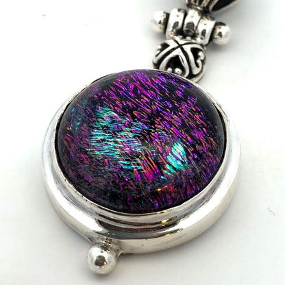 Vintage 925 Sterling Silver Round Purple Green Dichroic Glass Pendant