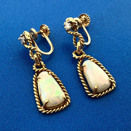 Estate 14K Yellow Gold Trillion Cut Opal Diamond Accent Drop Dangle Earrings