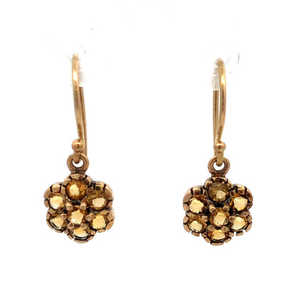 Vintage 14K Yellow Gold Round Citrine Flower Dangle Hook Earrings