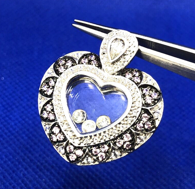 Meda White and Pink Tourmaline 925 Sterling Silver Heart Floater Pendant