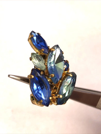 Vintage West Germany Blue Rhinestone Gold Tone Statement Earrings & Brooch Set