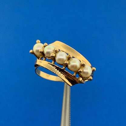 10K Yellow Gold Five Pearl Modernist Bypass Ring