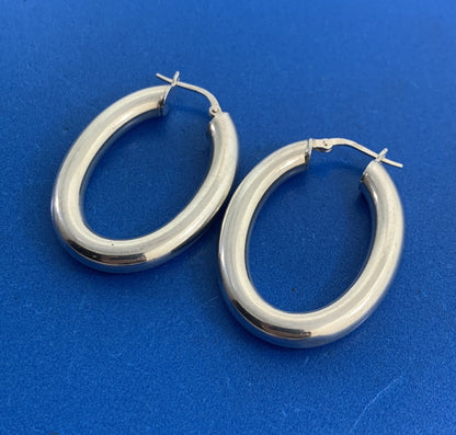 Designer Italy 925 Sterling Silver Large Polished Tubular Oval Hoop Earrings