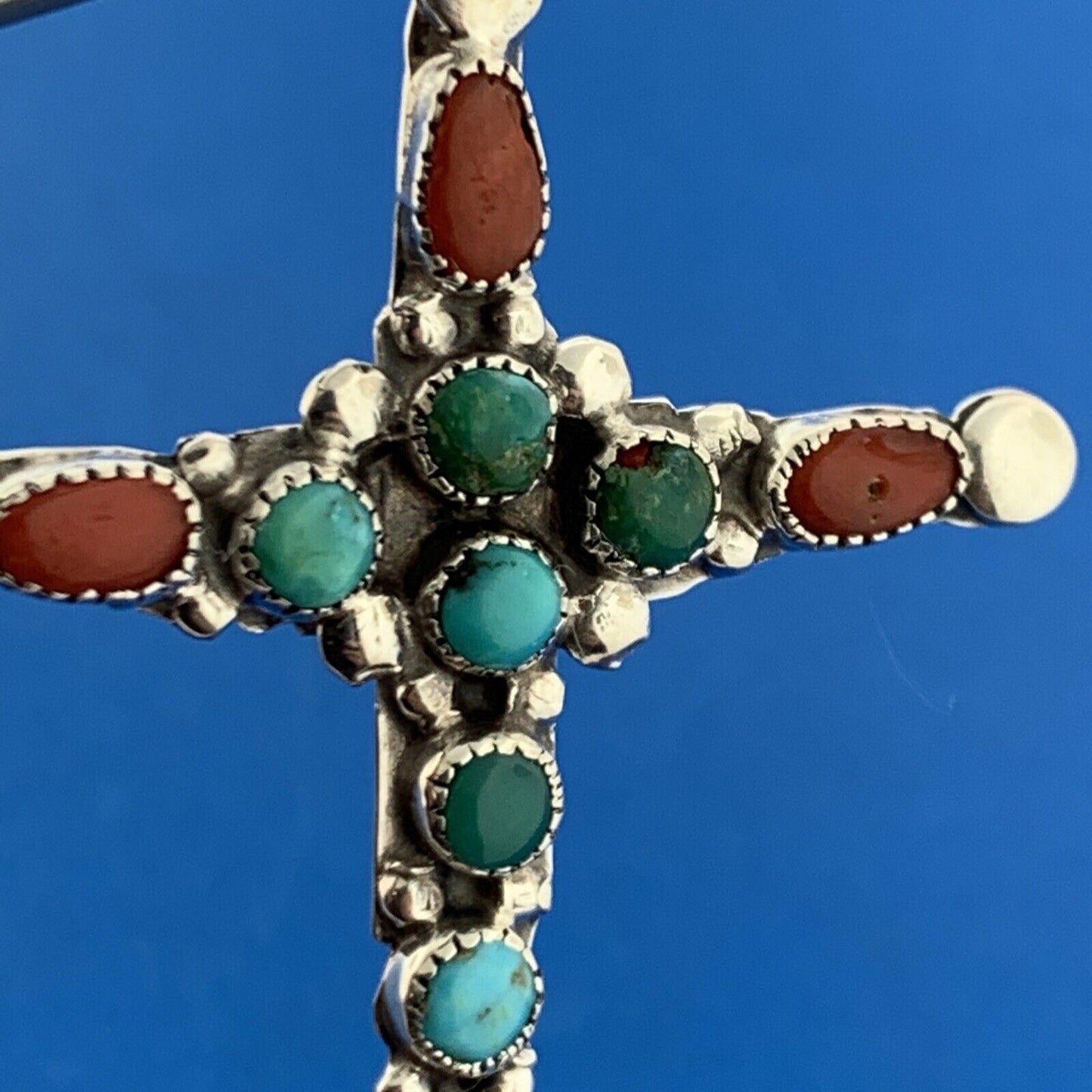 Native American Artisan Signed 925 Sterling Silver Turquoise Coral Cross Pendant