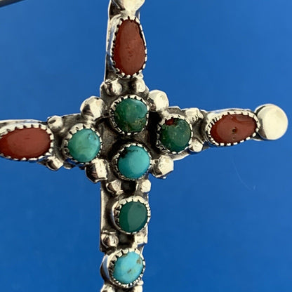Native American Artisan Signed 925 Sterling Silver Turquoise Coral Cross Pendant