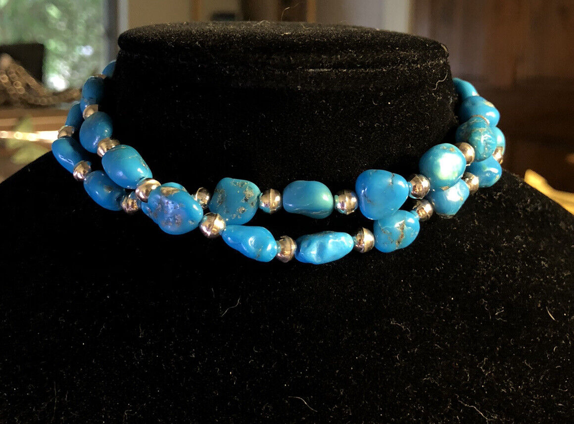 Native American 925 Sterling Silver Turquoise And Silver Ball Beads Necklace