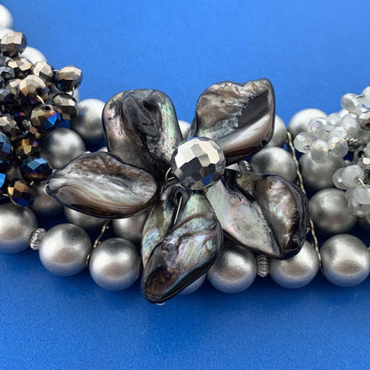 Fabulous Silver Tone Gray Faux Pearl Crystal Lucite 4 Strand Choker Necklace