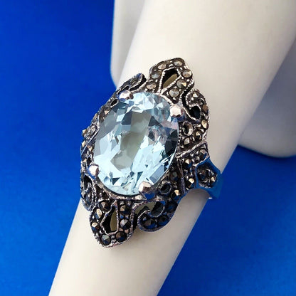 Estate 925 Sterling Silver Oval Blue Topaz Marcasite December Anniversary Ring