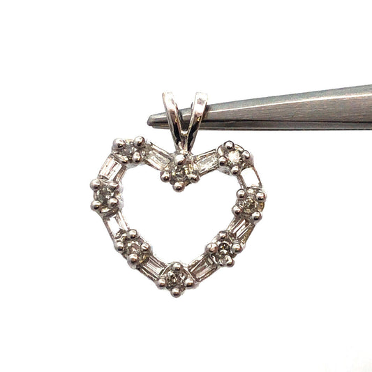 14K White Gold Round Baguette Diamond Heart Shape Valentines Love Pendant