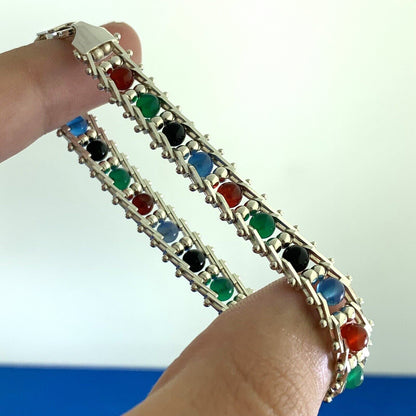 Designer Milor 925 Sterling Silver Riccio Rolling Mixed Gemstone Bead Bracelet