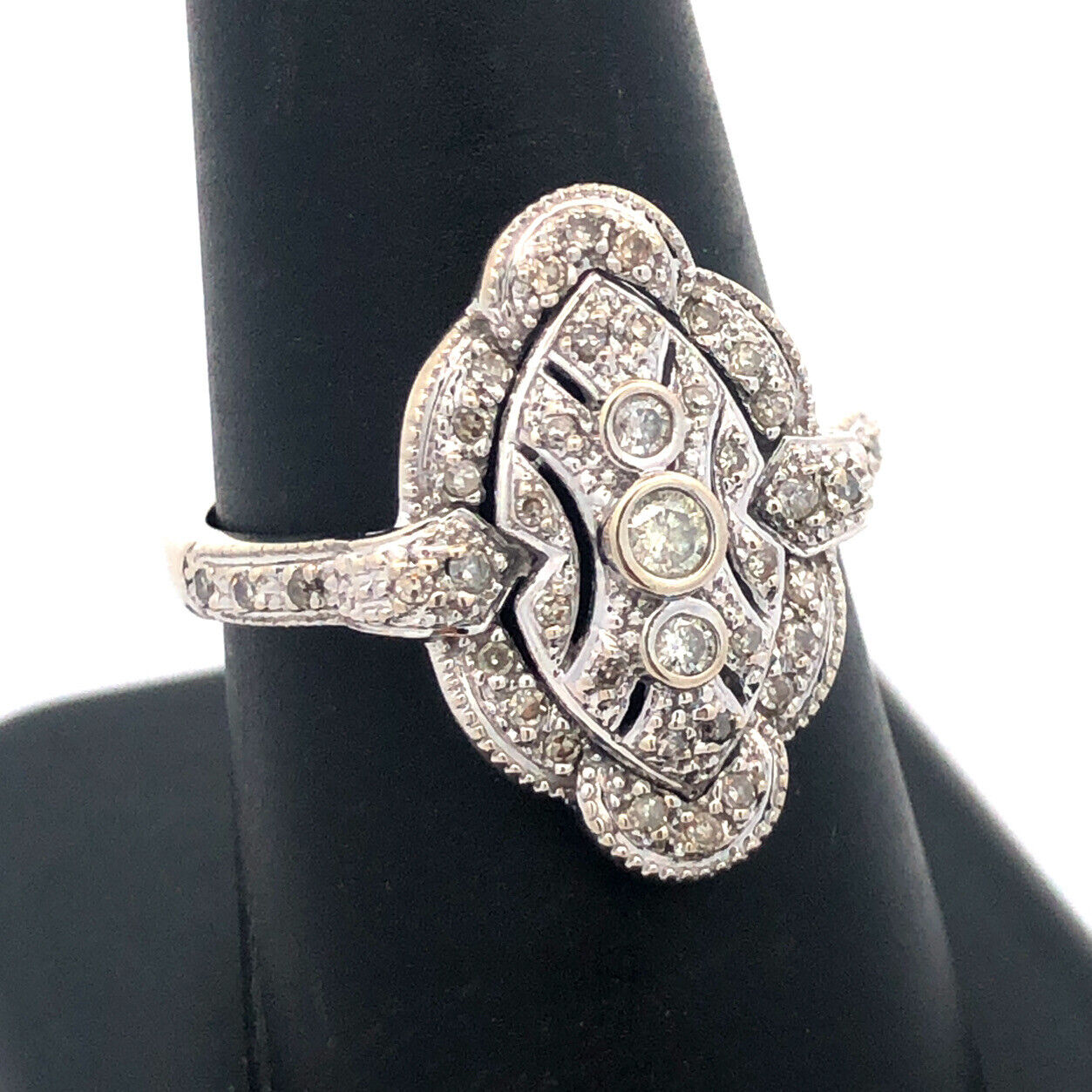 Art Deco Design 14K White Gold Round Diamond Oval Statement Ring