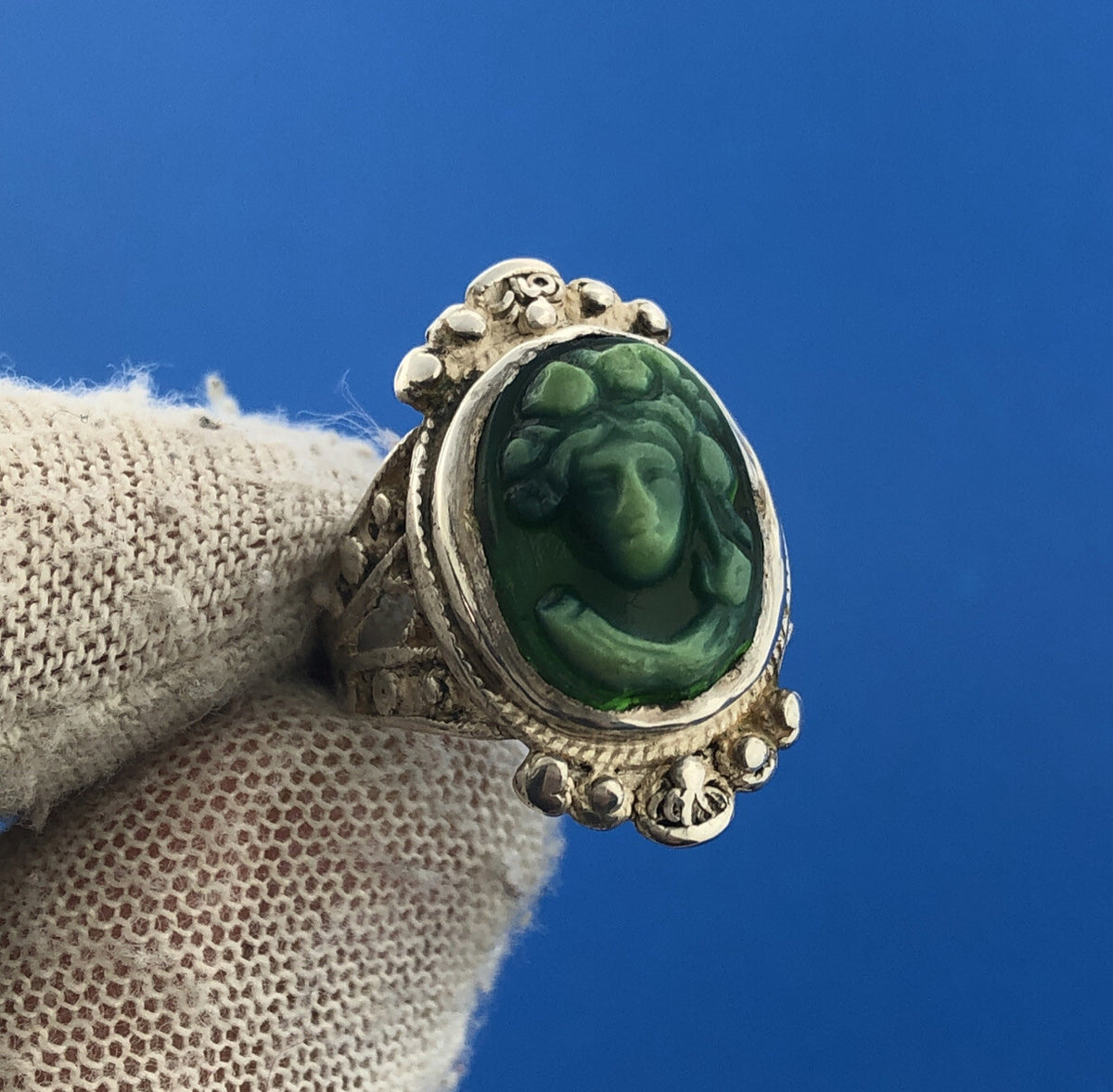 Retro 925 Sterling Silver Carved Green Mayan Aztec Warrior Cameo Ring