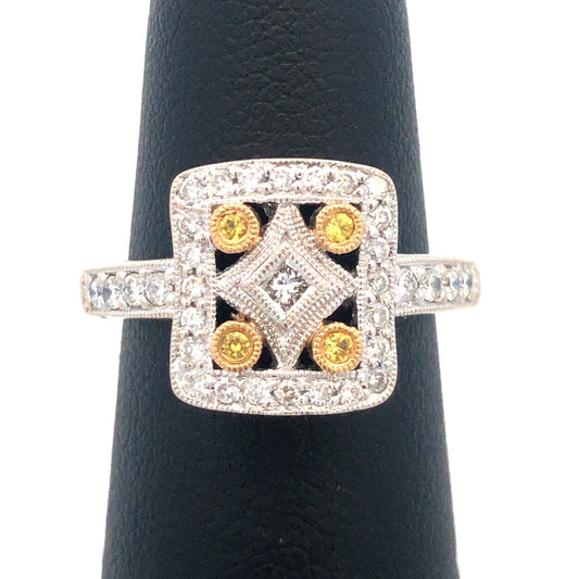 14K White Gold QJM Filigree Yellow White Diamonds Art Deco Style Statement Ring