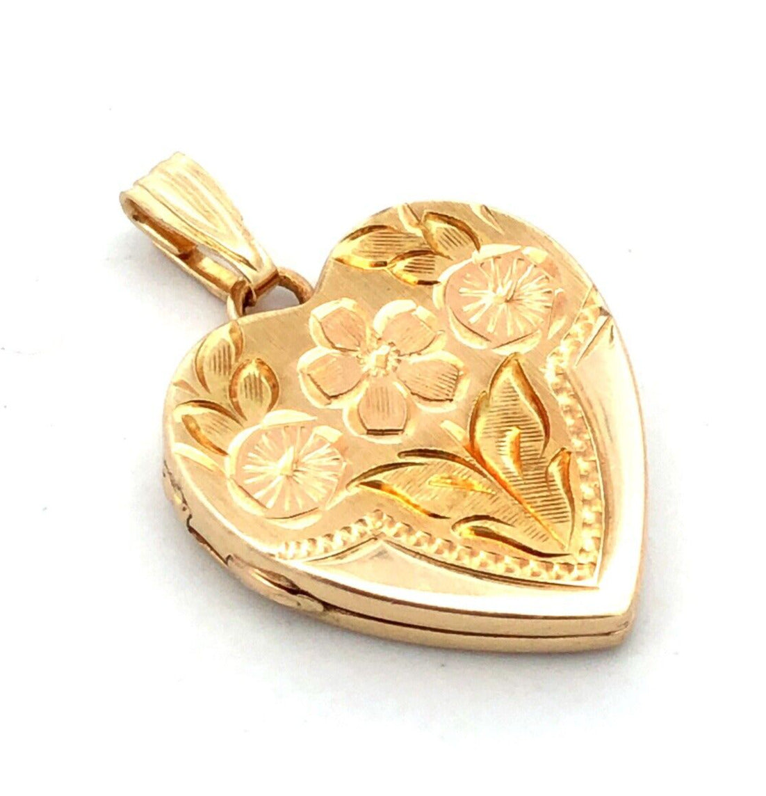 Designer HFB 14K Yellow Gold Floral Flower Engraved Heart Photo Locket Pendant