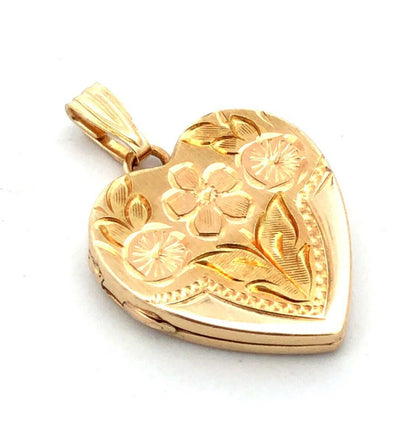 Designer HFB 14K Yellow Gold Floral Flower Engraved Heart Photo Locket Pendant