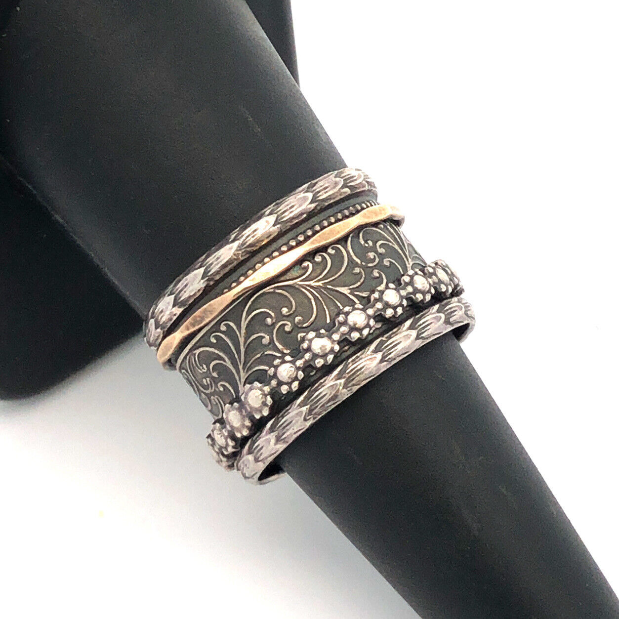 925 Sterling Silver 9K Yellow Gold Scroll Wide Cigar Band Ring