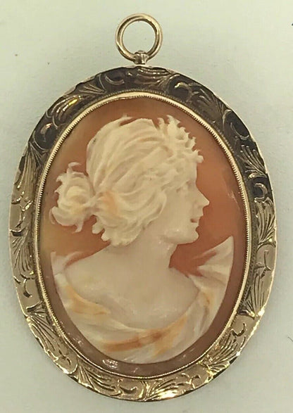Victorian 10K Yellow Gold Oval Carved Cameo Floral Scroll Brooch Pendant