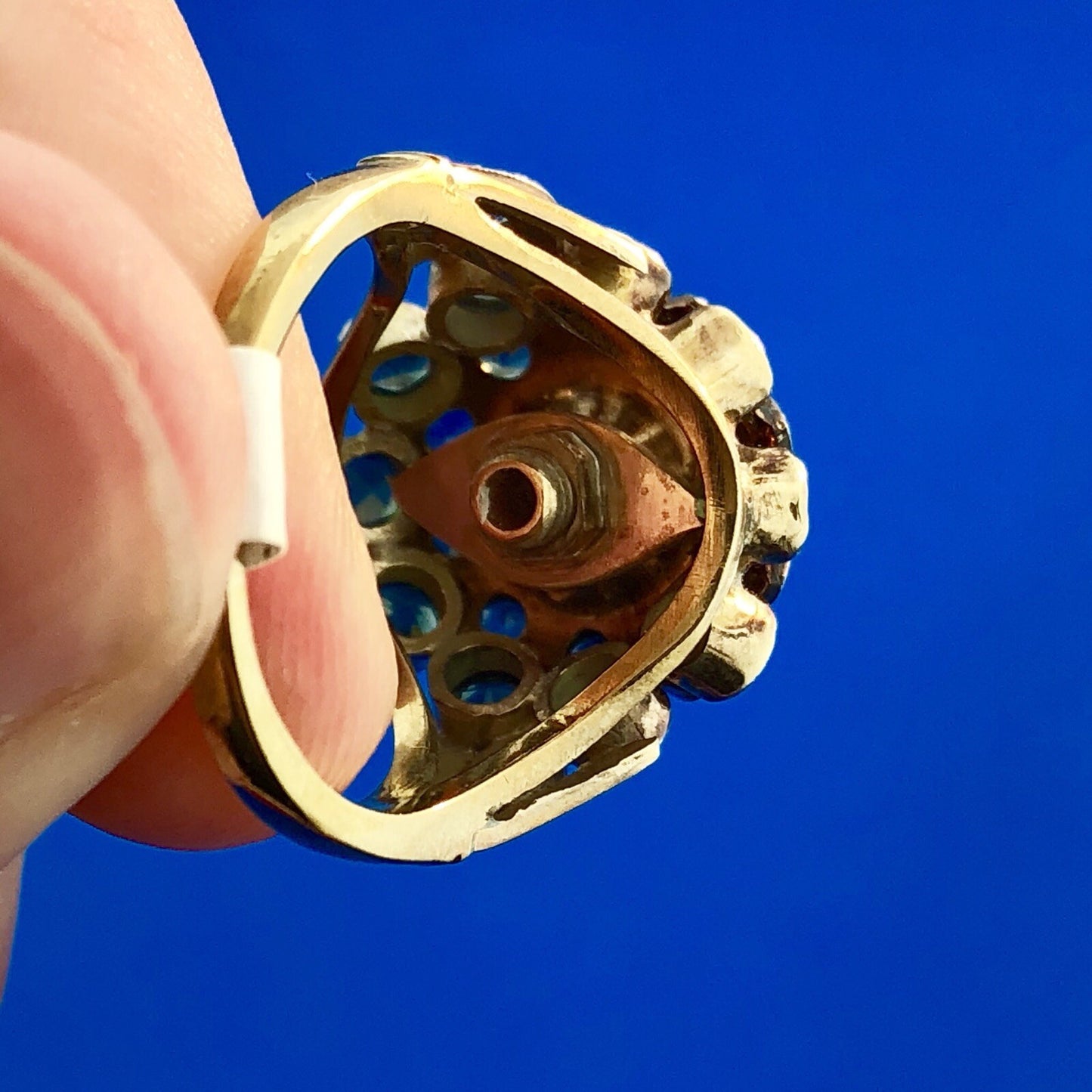 Estate 10K Yellow Gold Blue Topaz Towering Flower December Anniversary Ring